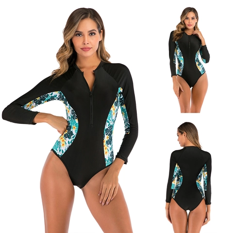 Dames Lange Mouw Badpak Uit Eén Stuk Rash Guard Rits Aan de Voorkant Sportief Surfpak Tropische Bloemenprint Zwemkleding