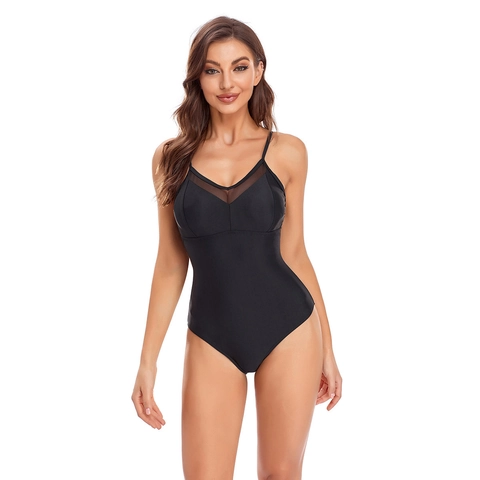 Women Sexy Black One-Piece Swimsuit Mesh Stitching Spaghetti Strap V-Neck High Elastic Quick Dry Beach Bathing Suit Bodysuit