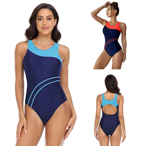 Women's Professional One Piece Swimsuit Athletic Competitive Color Block Sporty Swimwear