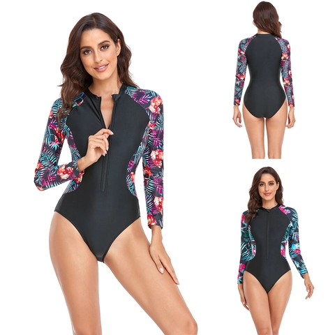 Bañador de Una Pieza de Manga Larga para Mujer Estampado Tropical Surf Rash Guard Cremallera Traje de Baño Patchwork Floral Protección Solar Monokini