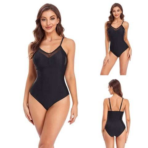 Women Sexy Black One-Piece Swimsuit Mesh Stitching Spaghetti Strap V-Neck High Elastic Quick Dry Beach Bathing Suit Bodysuit