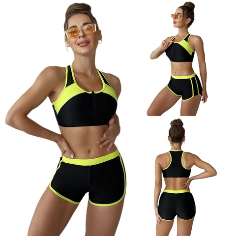 Women Sporty Swimsuit Top And Shorts Front Zipper Racerback Bikini High Waist Boy Shorts Color Block Bathing Suit Beachwear