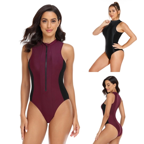 Women's One-Piece Athletic Swimsuit Zipper Front Sleeveless High Neck Splicing Color Block Surfing Diving Suit Bathing Suit