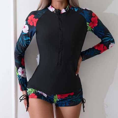 Women Long Sleeve Rash Guard Swimsuit Tropical Floral Print Front Zipper Bathing Suit With Side Drawstring Trunks Top And Pants