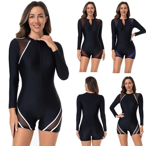 Costume Intero da Donna Sportivo a Maniche Lunghe Cerniera Frontale Patchwork in Mesh Rash Guard Tuta da Surf Subacquea Contrasto