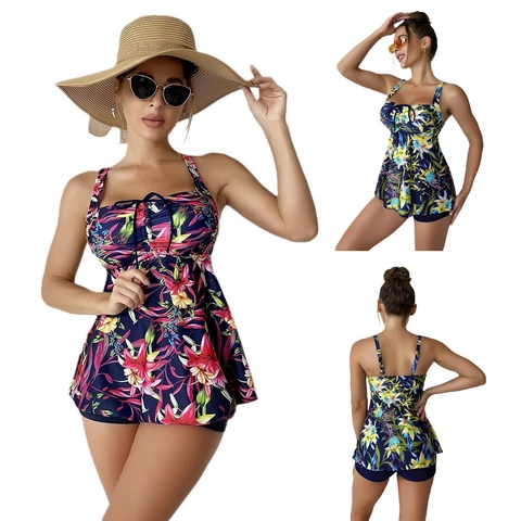 Women Large Size Two Piece Tankini Swimsuit Floral Print Spaghetti Strap Dress Top With Boy Shorts Swimwear Polyester Blend