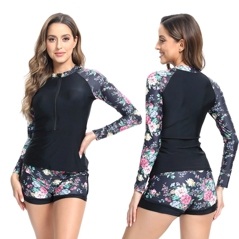 Women Long Sleeve Rash Guard Swimwear Top And Shorts Floral Geometric Print Zipper Front Surfing Diving Athletic Bathing Suit