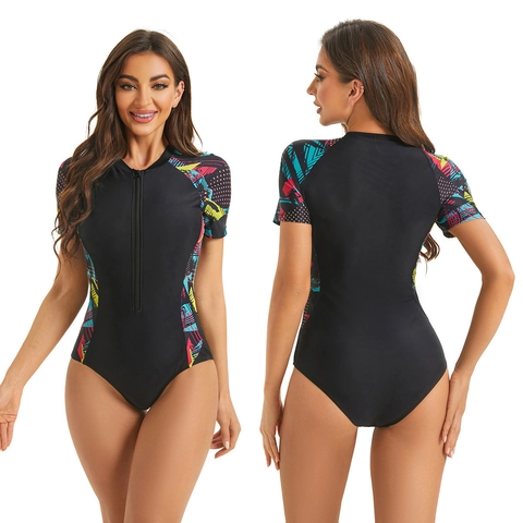 Costume da Bagno Intero Atletico da Donna Manica Corta Cerniera Anteriore Rash Guard Stampato Tuta da Sub da Surf Sexy Sportiva Monokini
