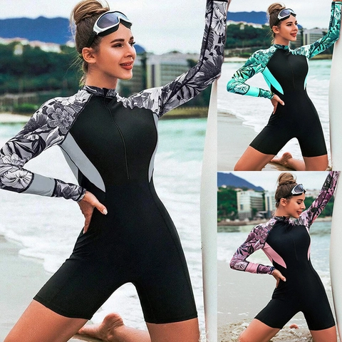 Γυναικείο Μαγιό Rash Guard Μακρύ Μανίκι Φερμουάρ Μπροστά Floral Τύπωμα Patchwork Αθλητικό Σέρφινγκ Κατάδυση Πολυεστέρας