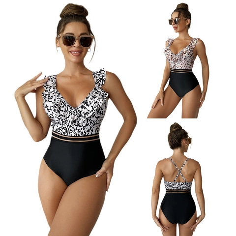Women Sexy One-Piece Swimsuit V-Neck Ruffle Leopard Floral Print Mesh Splicing Backless Beach Bathing Suit Vacation Swimwear