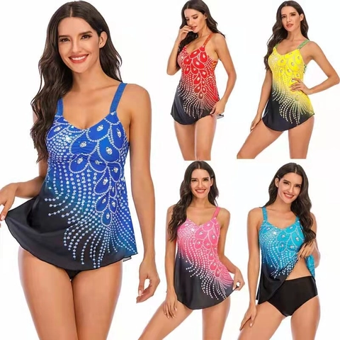 Women Plus Size Tankini Swimsuit Gradient Print Tummy Control Swimwear Top And High Waisted Briefs Bathing Suit For Vacation