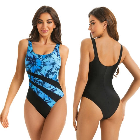 Women One-Piece Swimsuit Athletic Surfing Swimwear Tropical Floral Print Open Back High Cut Bathing Suit Beachwear