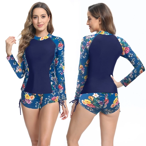 Women Long Sleeve Rash Guard Swimsuit Set Floral Tropical Print Sun Protection Surfing Suit With Drawstring Shorts