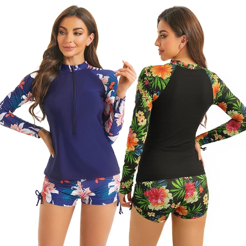 Costume da Bagno Rash Guard a Maniche Lunghe da Donna Due Pezzi con Stampa Floreale Tropicale Cerniera Anteriore Protezione Solare