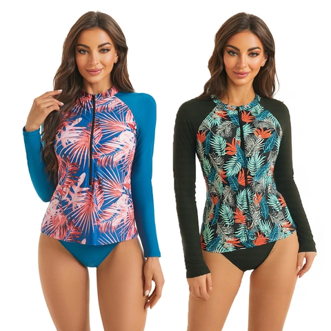 Women's Two-Piece Rash Guard Set Long Sleeve Front Zipper Tropical Palm Leaf Print Sun Protection Swimwear Surfing Suit Bikini