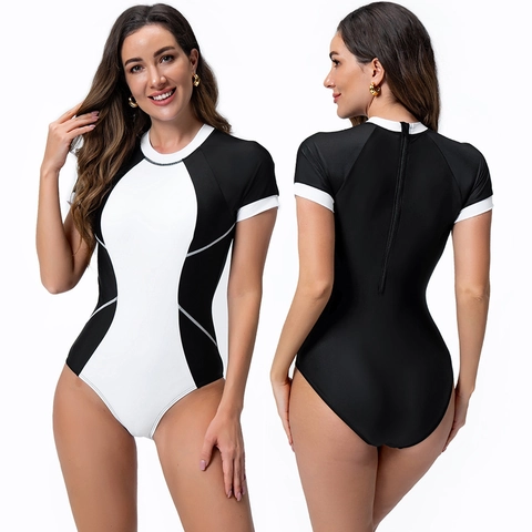 Bañador de Una Pieza Manga Corta para Mujer Contraste de Color Traje de Surf Cremallera Trasera Rash Guard para Surf Natación
