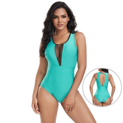 Women's One-Piece Swimsuit V Neck Mesh Patchwork Backless Mint Green Bathing Suit For Beach Vacation Surf Holiday