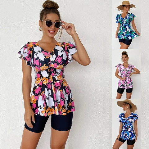 Maillot de Bain Tankini Femmes Avec Manches Volantées Col V Cordon Haut Et Short Grandes Tailles Deux Pièces