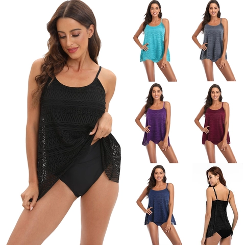 Costume da Bagno Tankini da Donna Top a Canotta in Pizzo Crochet Traforato E Fondo a Vita Alta Moda Mare Taglie Forti