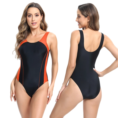 Costume da Bagno Sportivo da Donna Color Block Gare Competitive Scollo a U Gamba Alta Allenamento Senza Schienale