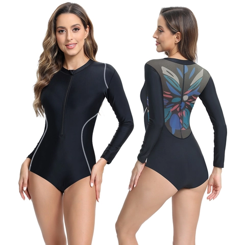 Traje de Baño de una Pieza de Manga Larga para Mujer Protección Solar Traje de Surf Cremallera Frontal Costuras de Contraste Negro Floral