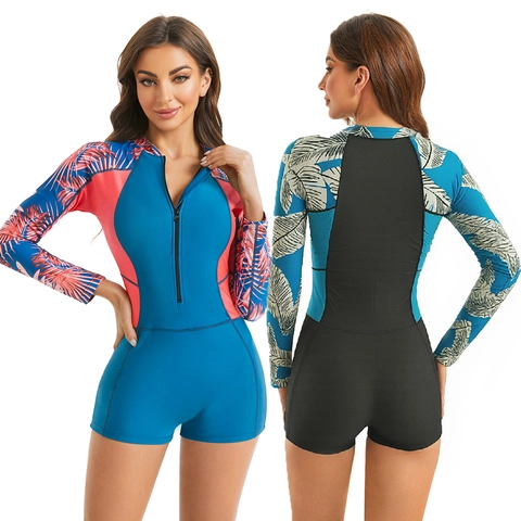 Costume da Bagno Intero Rash Guard da Donna a Maniche Lunghe con Stampa di Foglie Tropicali Cerniera Anteriore Muta da Surf Protezione Solare