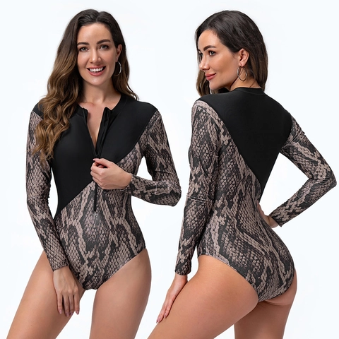 Costume Intero da Donna a Manica Lunga con Stampa Serpente e Cerniera Rash Guard Tuta da Surf Abbigliamento Sportivo da Nuoto