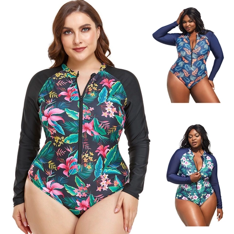 Women Plus Size Long Sleeve Rash Guard One Piece Swimsuit Tropical Floral Print Front Zipper Tummy Control Surfing Suit