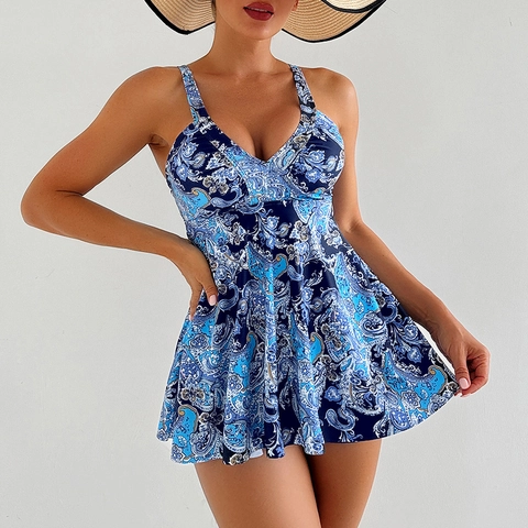 Women V-Neck Tankini Set Skirt Style Swimsuit Paisley Tropical Floral Print Polyester Bathing Suit For Beach Vacation