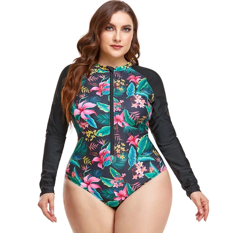 Women Plus Size Long Sleeve Rash Guard One Piece Swimsuit Tropical Floral Print Front Zipper Tummy Control Surfing Suit