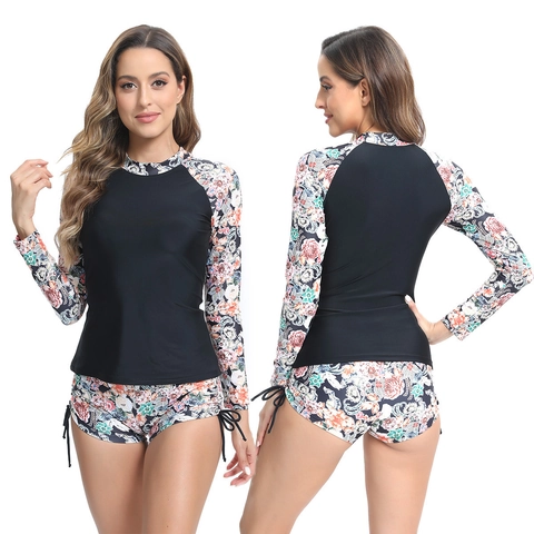 Costume da Bagno Donna Rash Guard Due Pezzi Manica Lunga Stampa Tropicale Floreale Top Rashguard E Pantaloncini Muta da Surf
