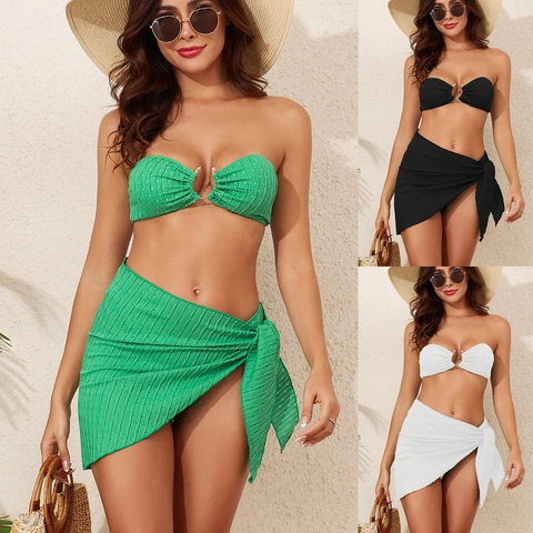 Damen Geripptes Bandeau-Top Und Bikini-Hose Und Wickelrock Urlaub Strand Bademode Metallring-Detail Einfarbiges Bikini-Ensemble