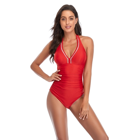 Women Sexy Ruched Halter One-Piece Swimsuit Deep V-Neck Slimming Monokini Bathing Suit Solid Color Summer Beachwear
