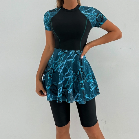 Women Modest Short Sleeve Swimsuit Two Piece Surf Suit Floral Print Skirt Top With Five Point Swim Shorts Bathing Suit