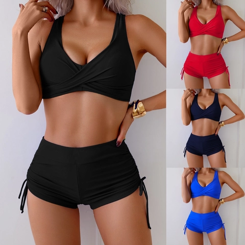 Women Sexy Solid Color Bikini Set Cross V Neck Two Piece Swimsuit High Waisted Ruched Drawstring Bathing Suit For Beach