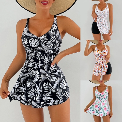 Traje de Baño Tankini de Dos Piezas para Mujer Cuello en V Estampado Floral Mariposa Tropical Vestido de Baño Con Pantaloncillos