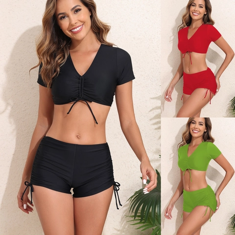 Women Casual Short Sleeve V Neck Ruched Drawstring Two Piece Swimsuit High Waist Boy Shorts Solid Color Sporty Bathing Suit