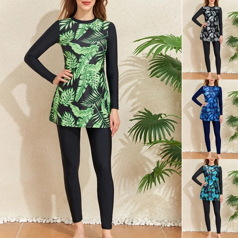 Women Conservative Long Sleeve Tropical Leaf Print Rash Guard And Long Pants Modest Bathing Suit Beachwear Swimwear