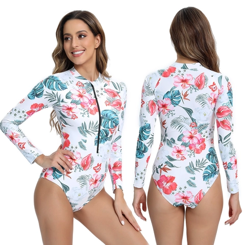 Costume da Bagno Intero a Maniche Lunghe da Donna Con Cerniera Muta da Surf Sportiva Con Motivo Floreale Tropicale Marmo Tie-dye