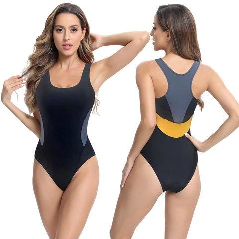 Bañador de Una Pieza Deportivo para Mujer Espalda Deportiva Profesional Competitivo Bloque de Color Entrenamiento Surf Buceo