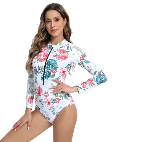 Costume da Bagno Intero a Maniche Lunghe da Donna Con Cerniera Muta da Surf Sportiva Con Motivo Floreale Tropicale Marmo Tie-dye