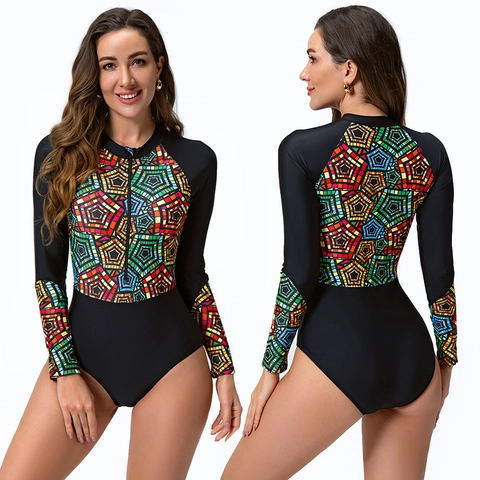 Women's One Piece Long Sleeve Rash Guard Swimsuit Front Zipper Geometric Printed Athletic Surfing Diving Bathing Suit