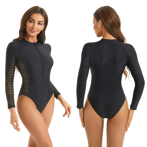 Women's Long Sleeve One-Piece Swimsuit Striped Mesh Splicing Zip Front Rash Guard Surfing Diving Bathing Suit Monokini