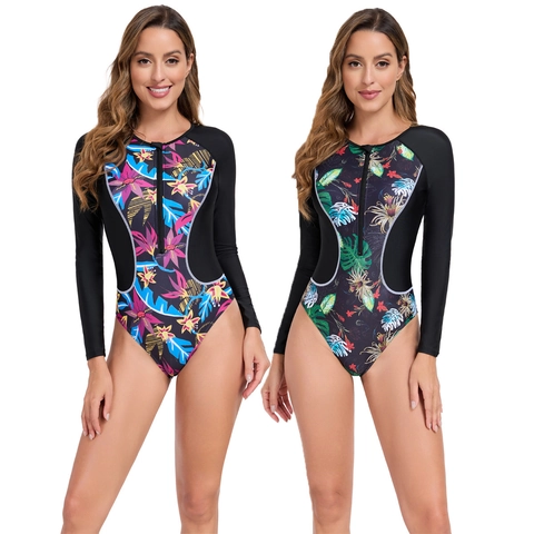 Bañador de Flores de Manga Larga para Mujer Con Cremallera Frontal Rash Guard Traje de Surf Secado Rápido