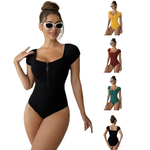 Women Ribbed Short Sleeve Bodysuit Swimwear Front Zipper Square Neck Slim Fit Beachwear Summer Bathing Suit
