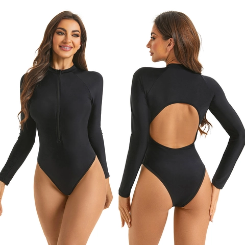 Women Solid Color Long Sleeve One Piece Swimsuit With Front Zipper Backless High Cut Sporty Surf Bathing Suit Bikini