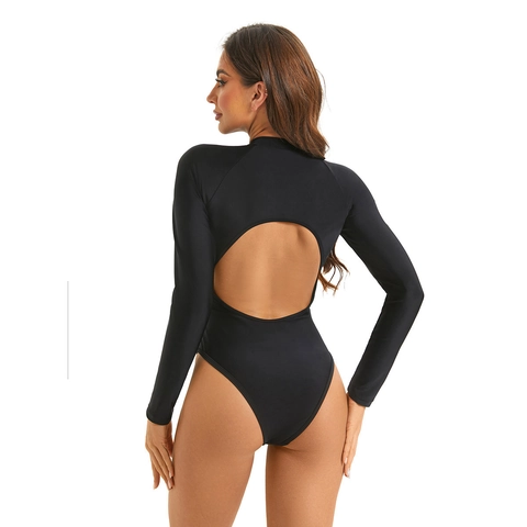Women Solid Color Long Sleeve One Piece Swimsuit With Front Zipper Backless High Cut Sporty Surf Bathing Suit Bikini