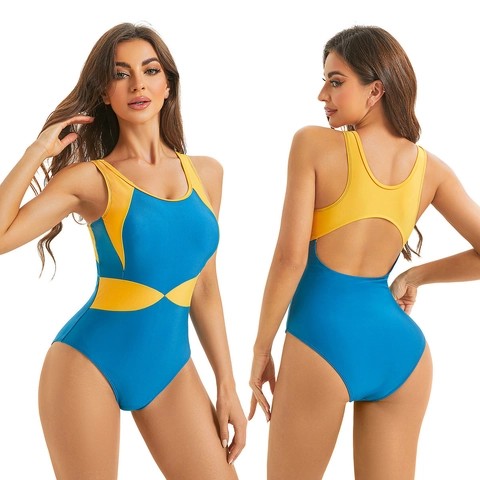 Women's Sporty One-Piece Swimsuit Contrast Color Block High Elasticity Bathing Suit For Surfing Swimming Training Beach Vacation