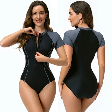Costume da Bagno Intero da Donna a Manica Corta Rash Guard Cerniera Anteriore Blocchi di Colore Sportivo Surf Immersione