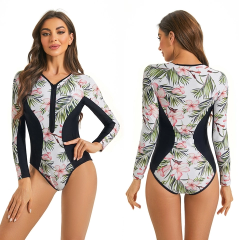 Women's One-Piece Long Sleeve Rash Guard Swimsuit Tropical Floral Print Front Zipper Surfing Diving Athletic Bathing Suit